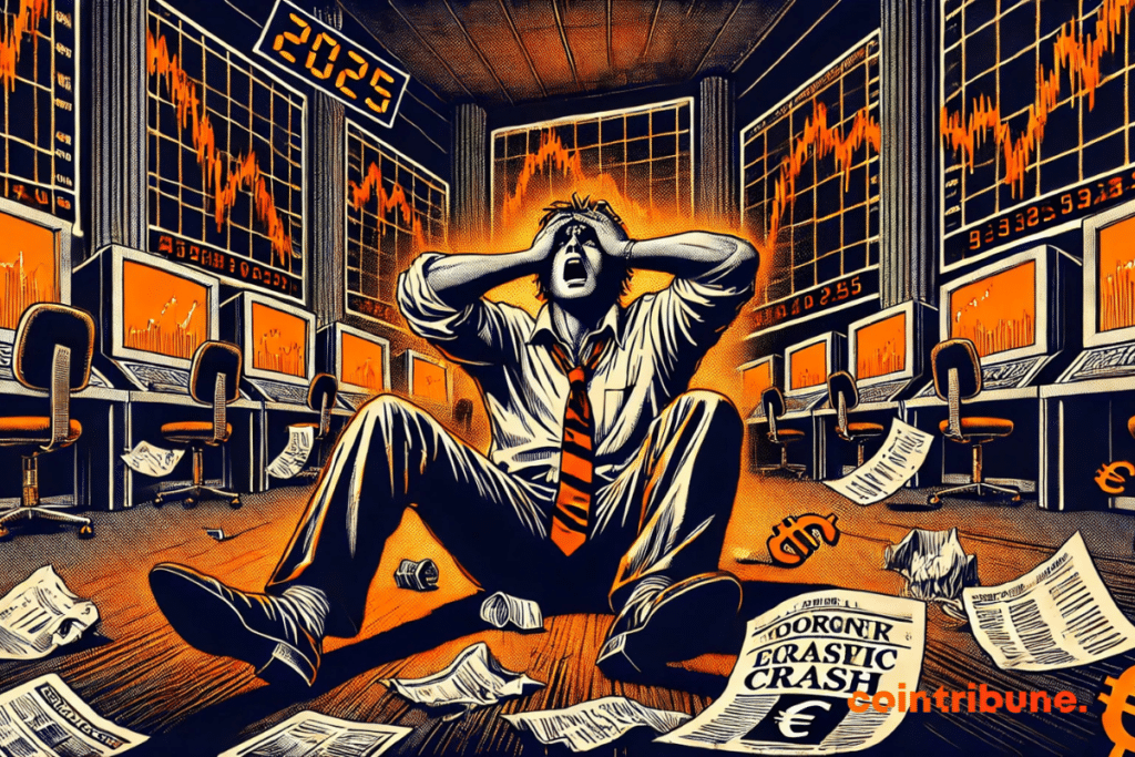 A distressed American trader sits on the floor of a trading room, surrounded by scattered papers and a crumpled newspaper reading “2025”.