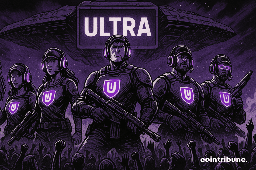 Uma equipe futurista de soldados armados com o emblema da Ultra está diante de uma multidão animada, com uma nave espacial gigante e a palavra "ULTRA" iluminada no céu em um cenário de ficção científica.