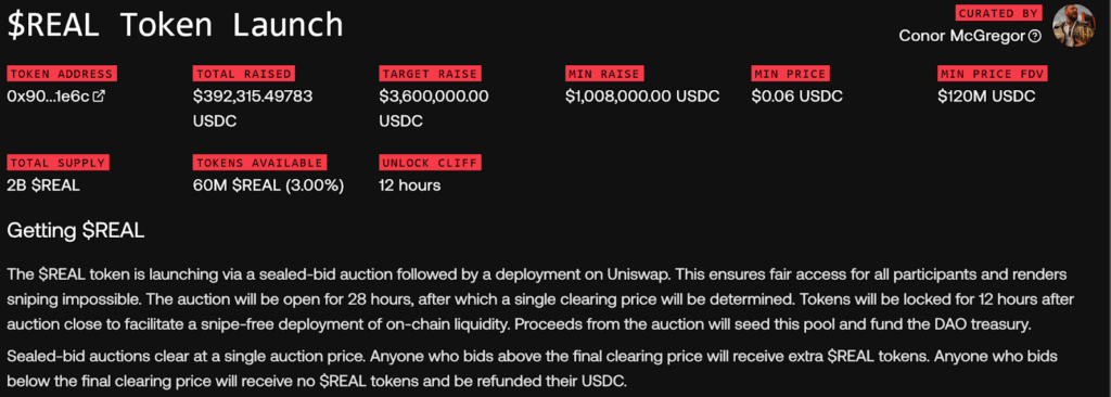Le token crypto REAL avait pour ambition de lever 3,6 millions de dollars via la vente de 60 millions de tokens (soit 3 % de l’offre totale de 2 milliards de REAL) pendant une enchère scellée. 