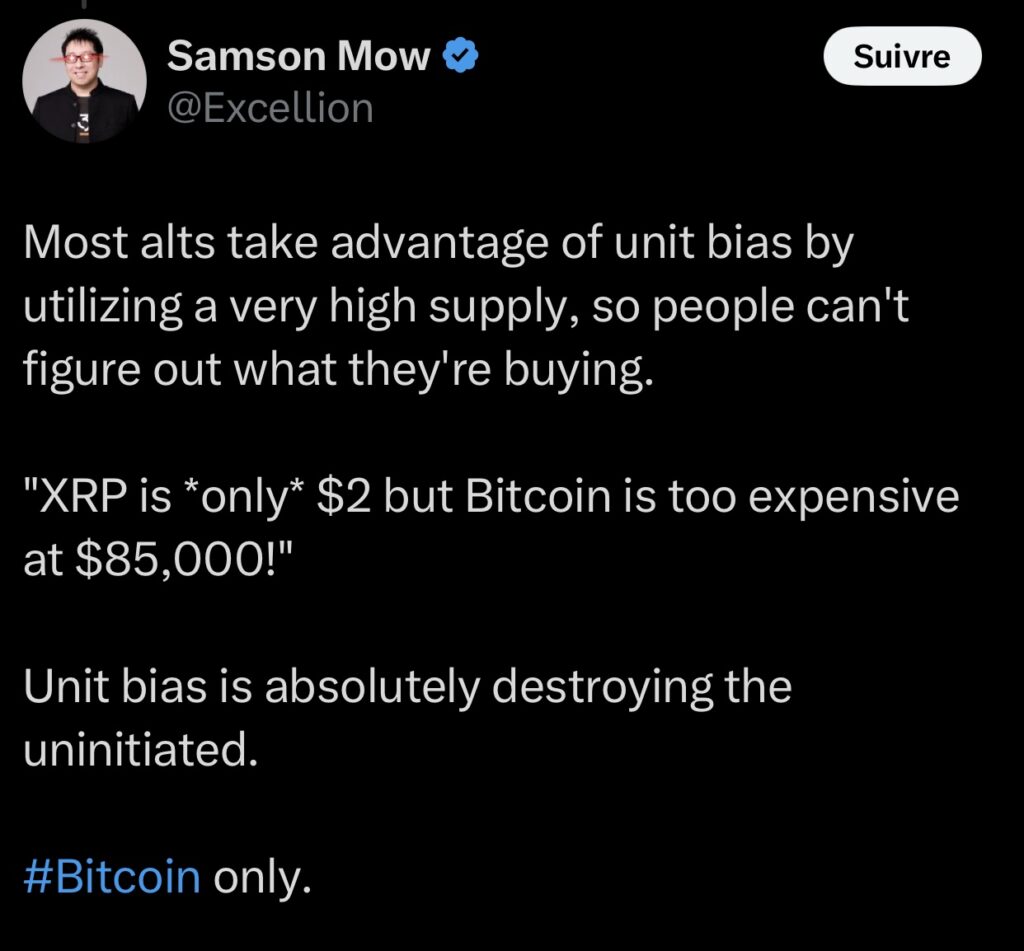 In a recent post on April 19, 2025, Samson Mow highlights that this psychological error leads beginners to believe that a cheap altcoin is worth more than a fraction of Bitcoin.