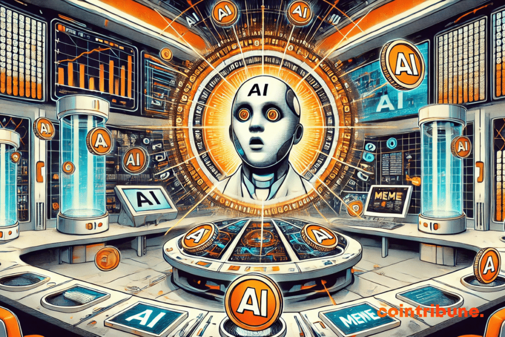 Illustration of a futuristic laboratory with a personified AI, surrounded by AI cryptocurrencies and memecoins.