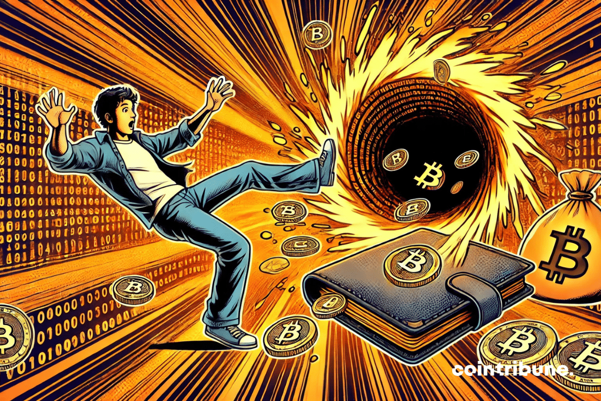 Un débutant en crypto tombant dans un portefeuille numérique tel un vortex.