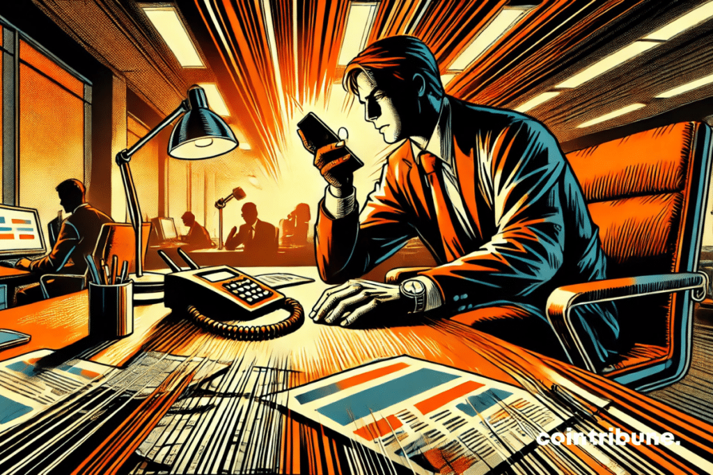 Illustration of crypto CEO OM holding a phone, visibly concerned about the situation.