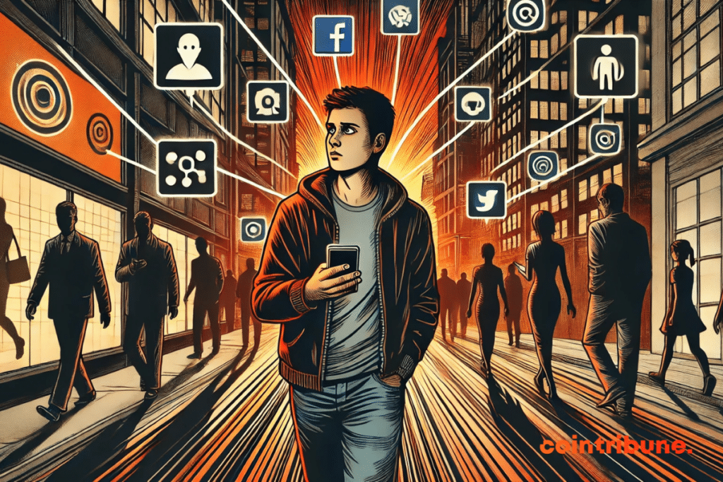 An illustration showing a social media user interacting with their smartphone