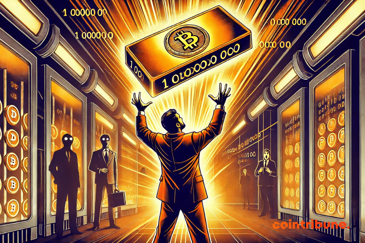 Illustration d'un trader figé par l’émerveillement, lève les bras vers un lingot d’or.