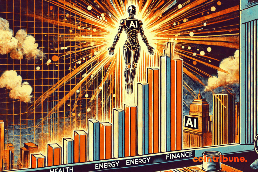 Humanoid robot climbing a financial chart disguised as a podium