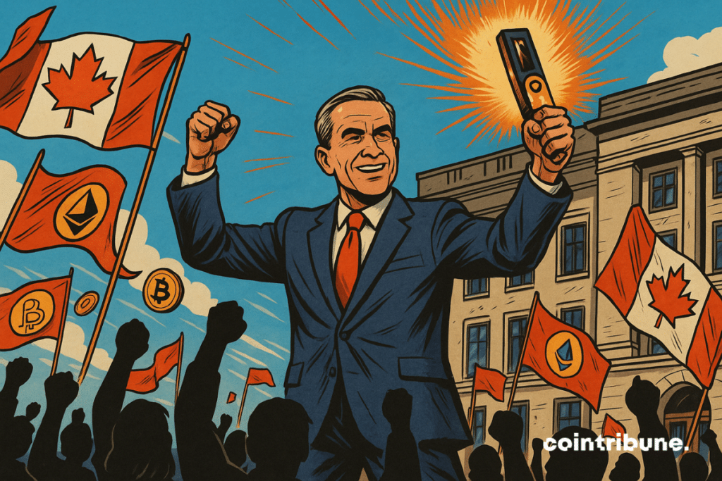 Mark Carney se tient triomphalement devant un bâtiment gouvernemental, brandissant un portefeuille crypto, entouré de drapeaux canadiens et de symboles crypto.