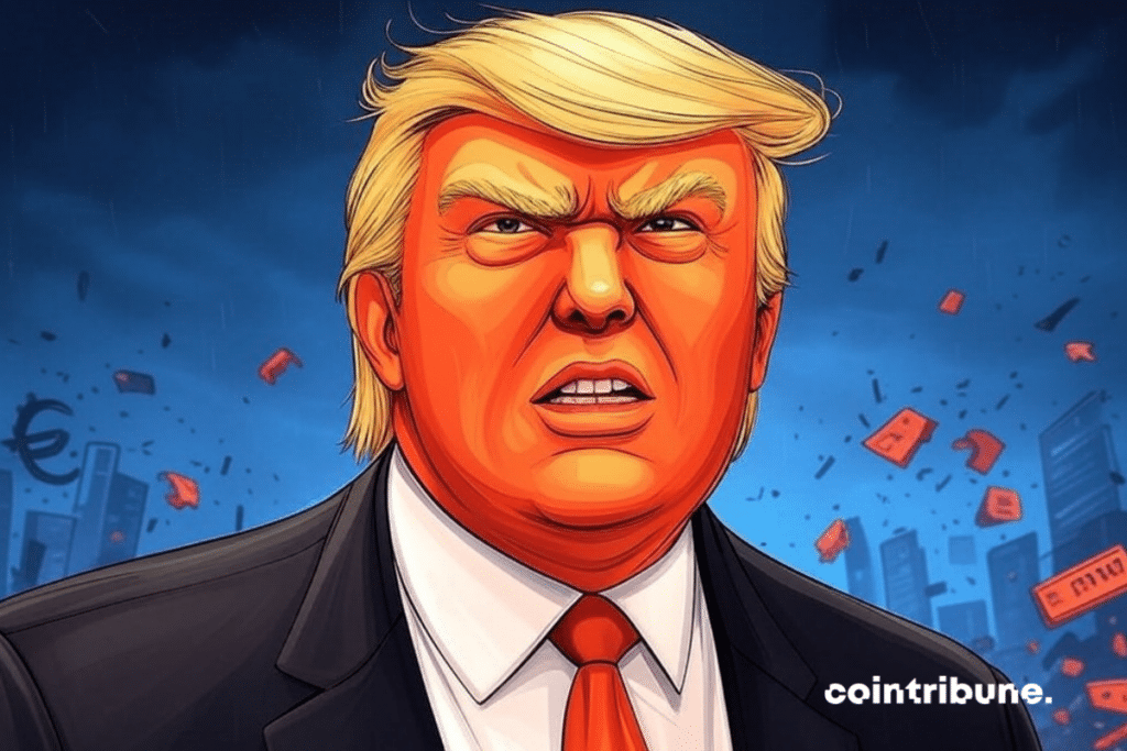 Donald Trump en costume, avec un air déterminé, devant un graphique boursier en chute libre, symbolisant l'impact de ses décisions sur les marchés financiers.