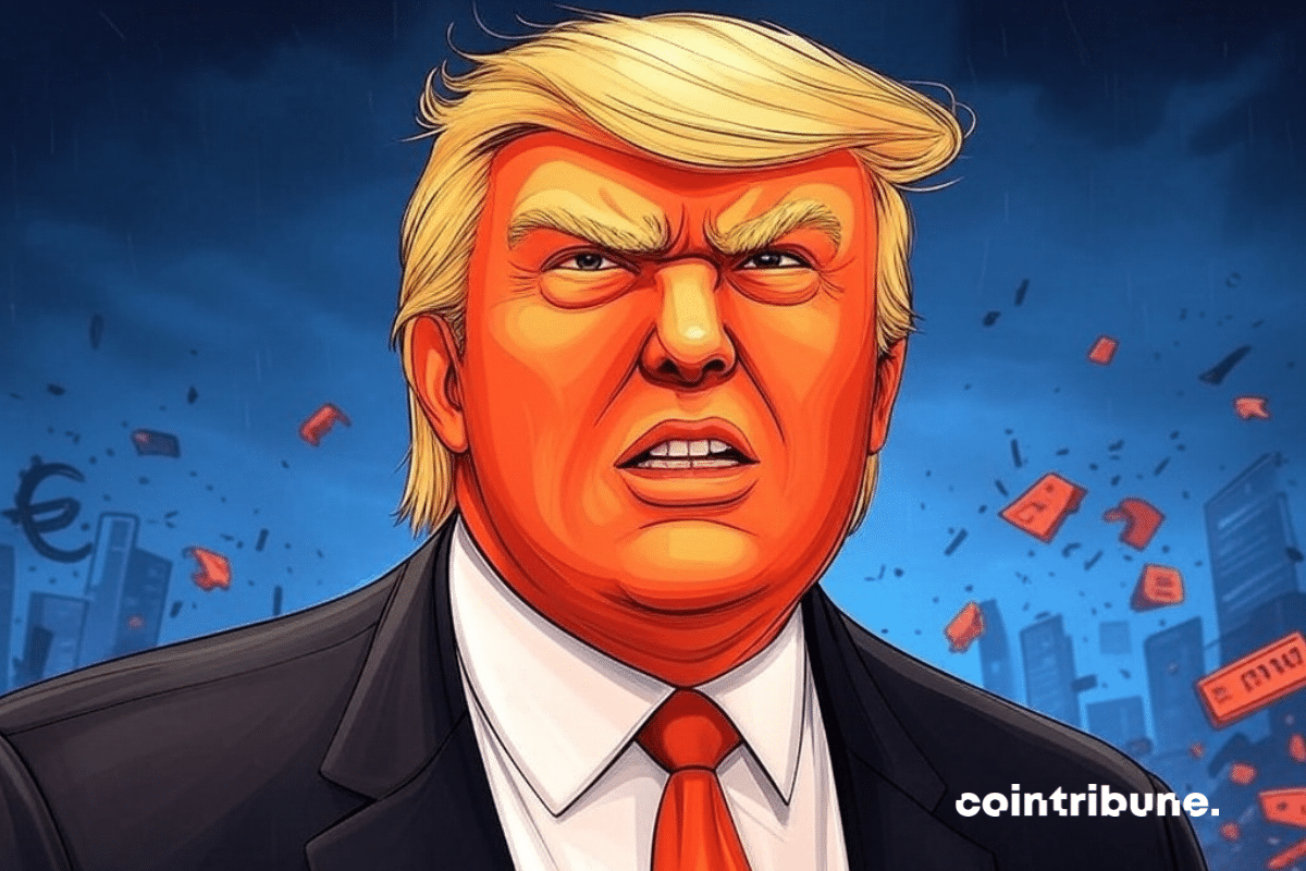 Donald Trump in a suit, looking determined, in front of a plummeting stock chart, symbolizing the impact of his decisions on the financial markets.