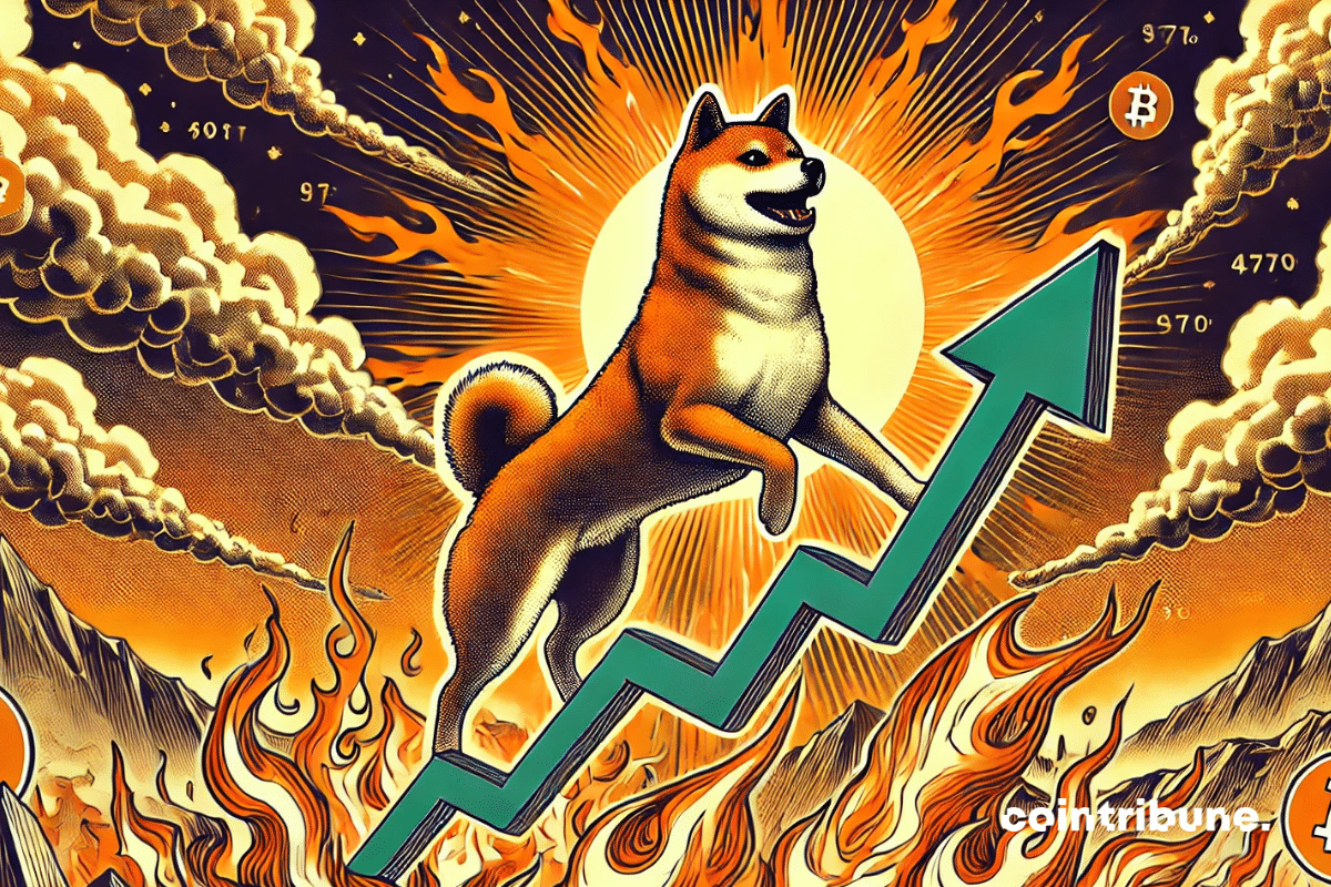 Chien Shiba Inu surfant sur une marre de feu
