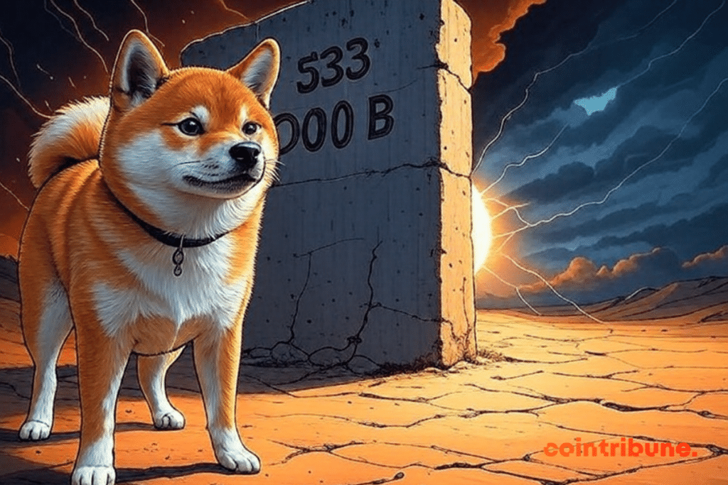 Chien Shiba Inu devant un mur avec les chiffres 533 000