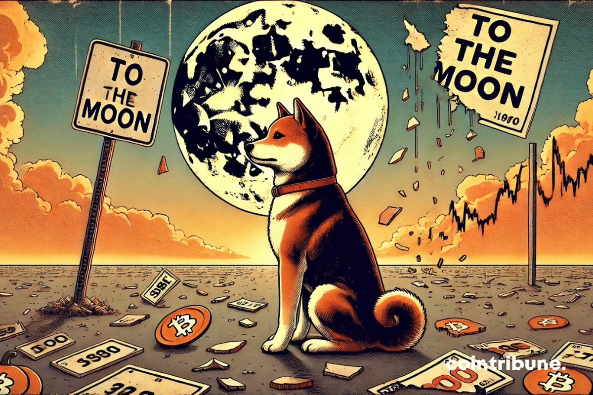 Shiba Inu regardant des panneaux "To The Moon" déchirés