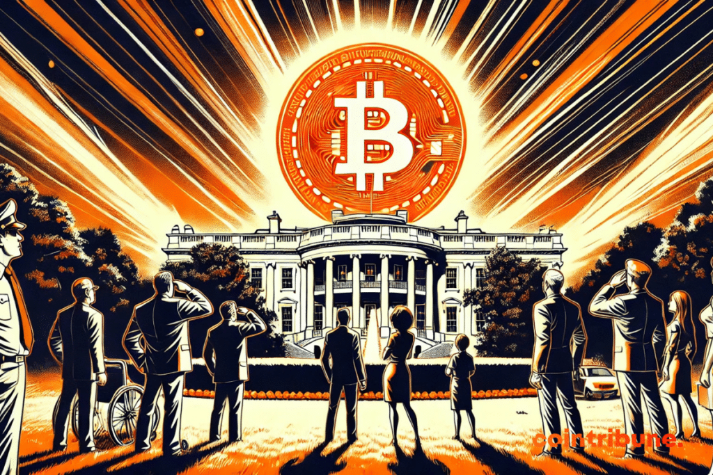 A giant Bitcoin in the sky over the White House, watched in amazement by several characters.