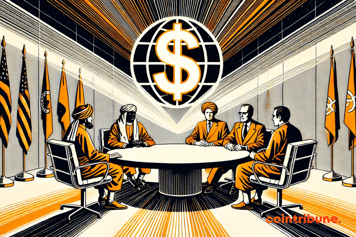 Representatives of the BRICS bloc debate around a projected dollar, in a tense, strategic atmosphere.