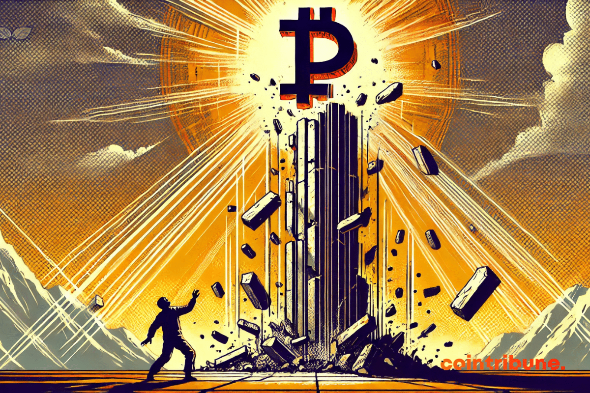 The Pi Network crypto sits atop an unstable totem pole, watched by a trader in admiration or in search.