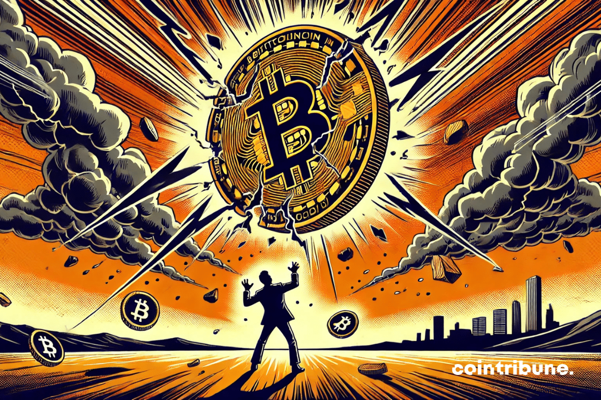The cracked Bitcoin coin falls from the sky in an apocalyptic atmosphere, heightening the dramatic tension of the drop below ,000.