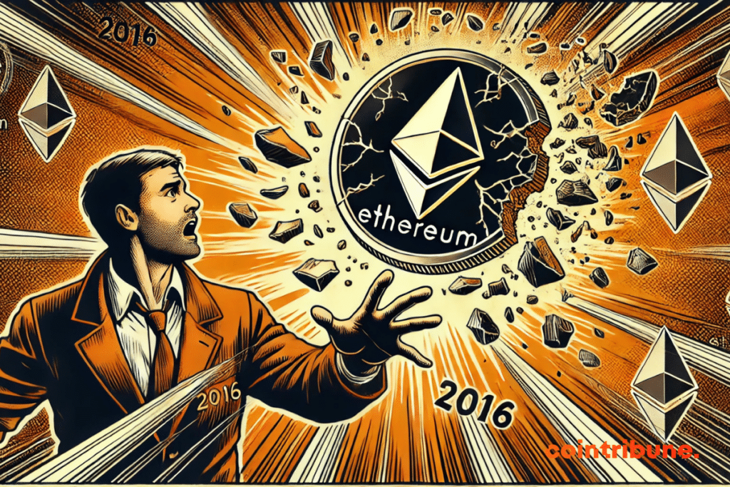 A panicked trader reaching out toward the Ethereum coin as it disintegrates.