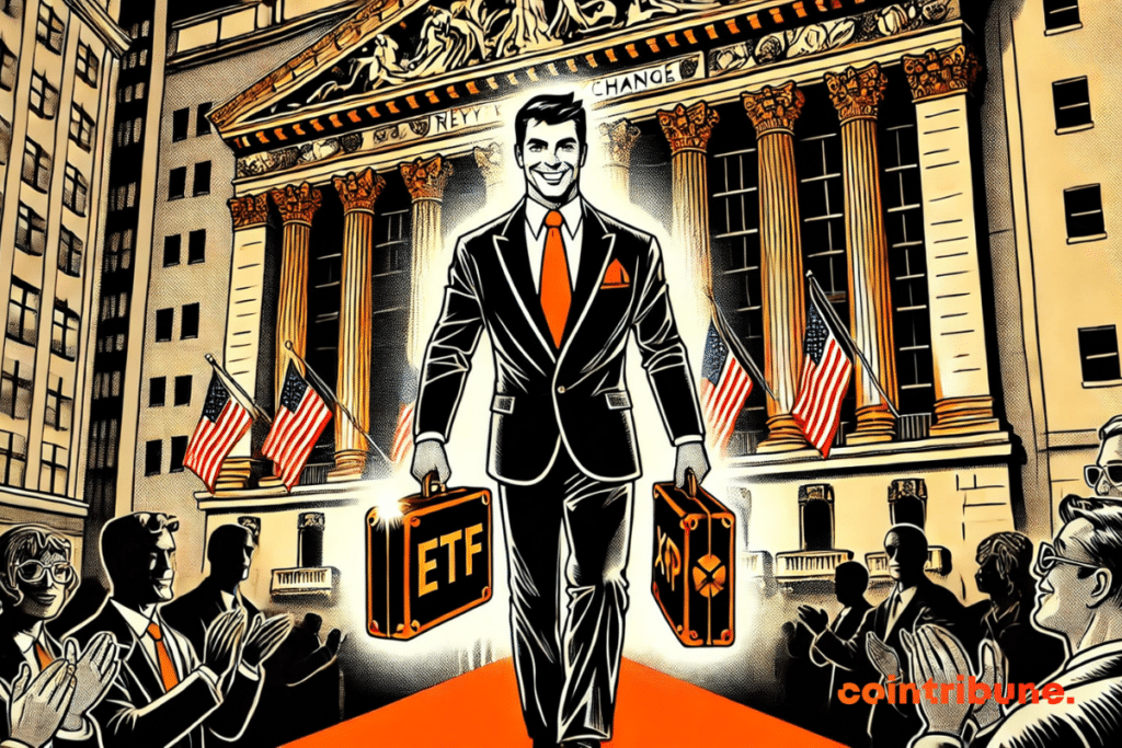 Un trader crypto tenant fièrement deux valises : l'une marquée ETF, l'autre XRP, sous les projecteurs de Wall Street.