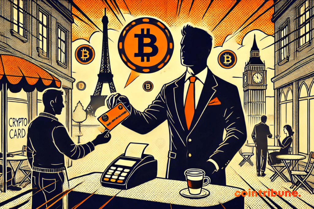 A man in a suit making a crypto payment at a stylish European café using Kraken and Mastercard’s crypto debit card.