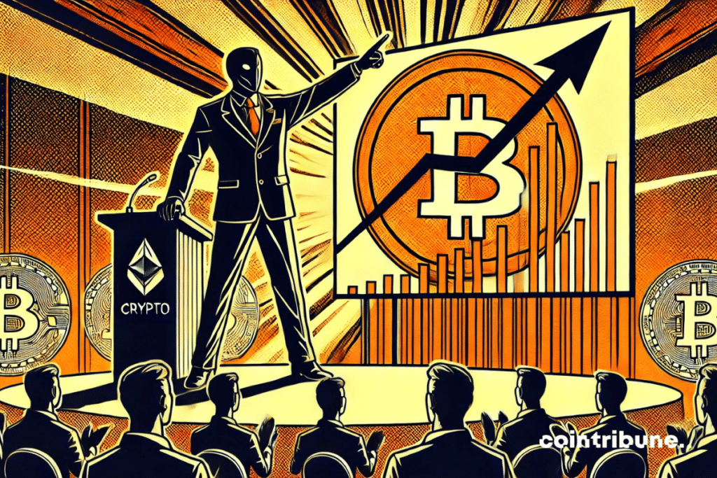 Un discours crypto symbolique de Trump avec une montée fulgurante projetée à l’écran.