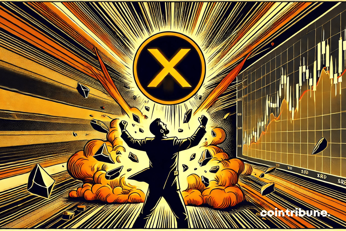 Une cassure graphique explosive d’où jaillit un faisceau de la crypto XRP, stylisé et puissant.