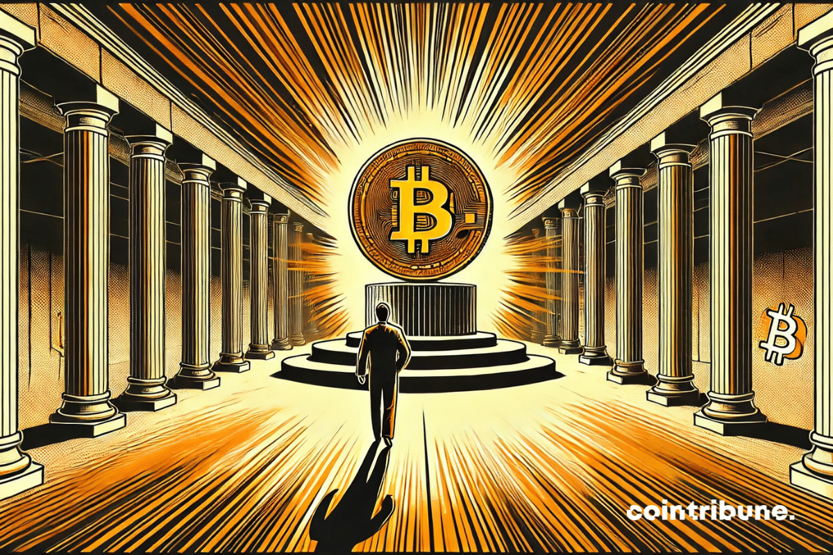 A near-mystical vision of Michael Saylor, co-founder of Strategy, walking alone toward Bitcoin.