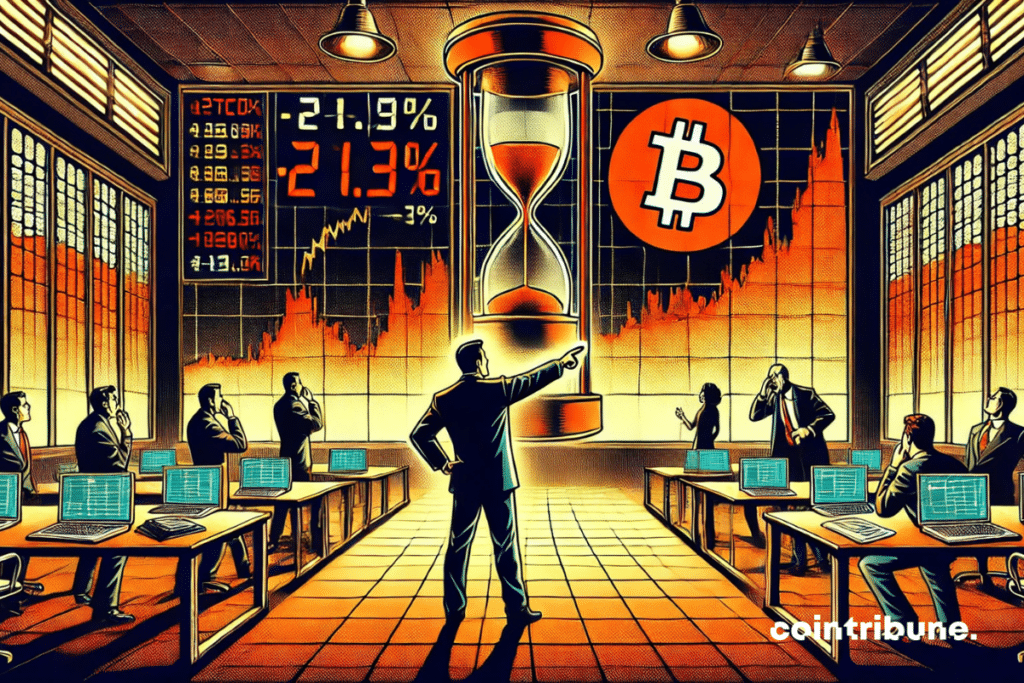A lead analyst, standing at the center in formal attire, frowning, pointing at a specific point on a large vertical screen displaying a plummeting Bitcoin chart.