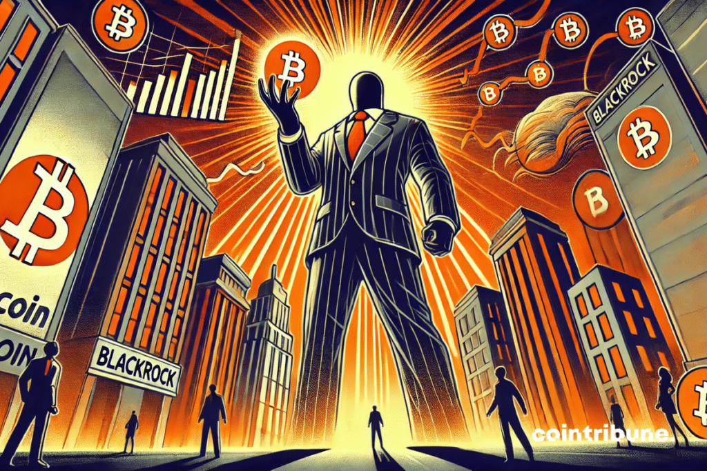A dominating giant (BlackRock) with a Bitcoin in hand.