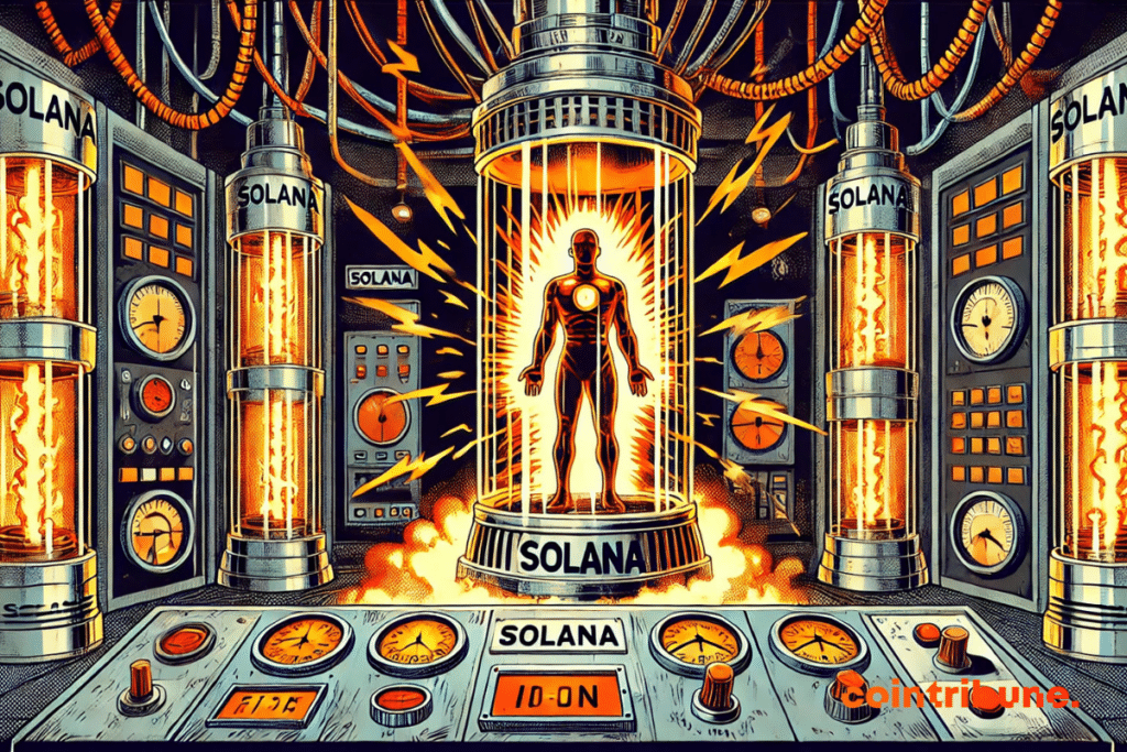 Solana is under high pressure. The energy is about to burst. Overheating gauges, steam, and lightning visually reinforce the idea that the crypto's price is ready to explode.