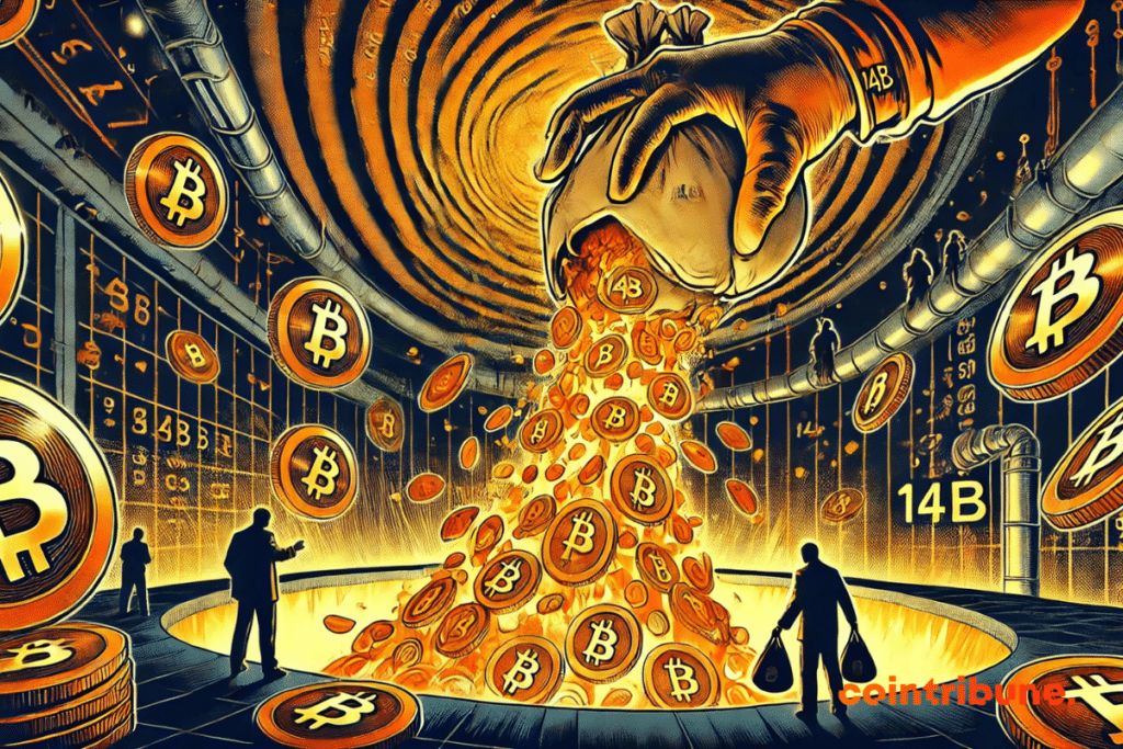 A giant gloved hand pours cascading Bitcoins from a bag marked “14B”.