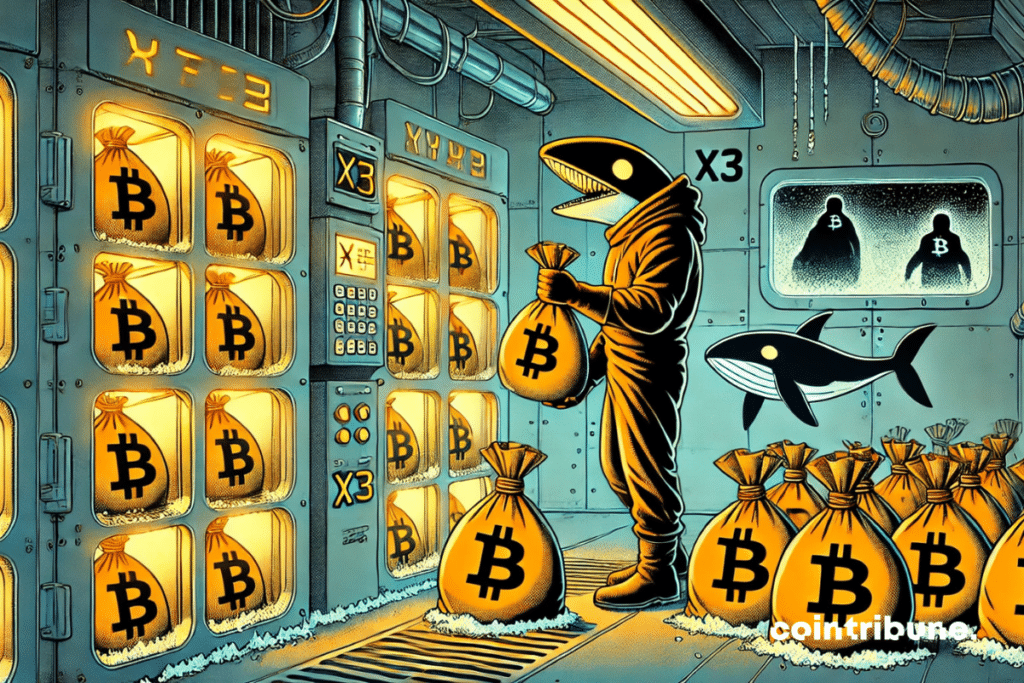 A hooded humanoid whale transfers entire bags of Bitcoin into a crypto cold room.