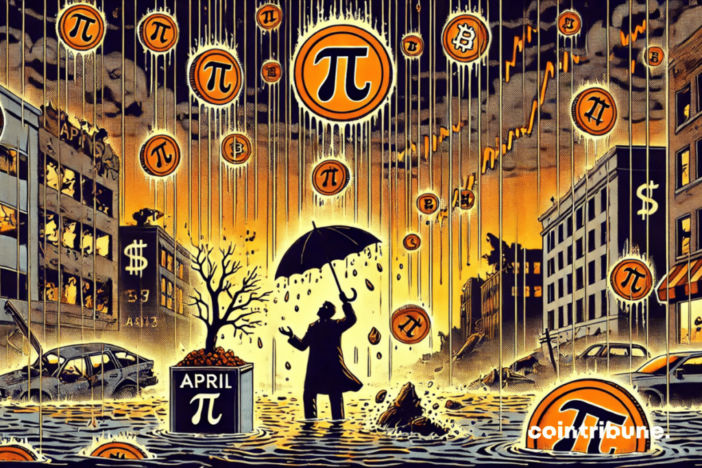 Il pleut des tokens Pi depuis un nuage noir. Un investisseur crypto tente de se protéger sous un parapluie brisé.