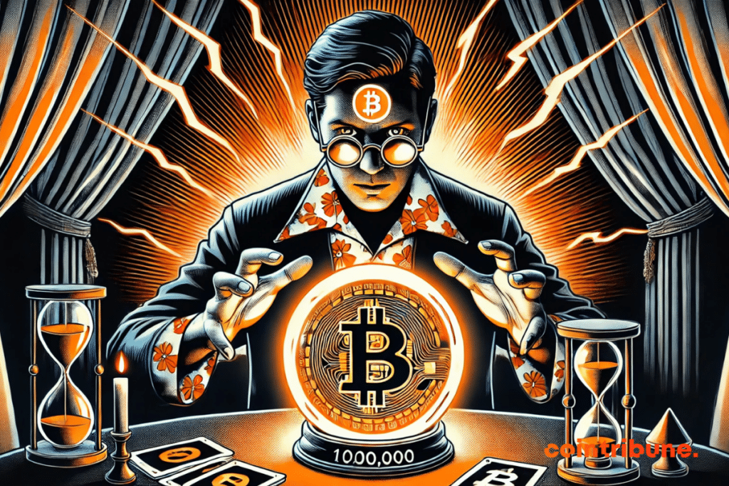 A crystal ball suspended above the table. Inside: a massive floating orange Bitcoin with a glowing “1,000,000” engraved on it. Energy seems to radiate directly from the sphere.