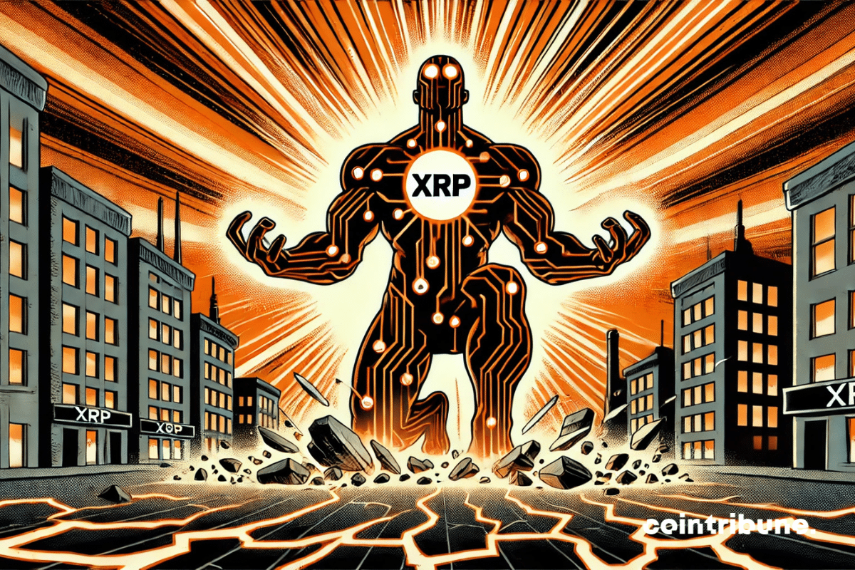 The titan XRP rises from the urban depths of the crypto universe, embodying a spectacular awakening.