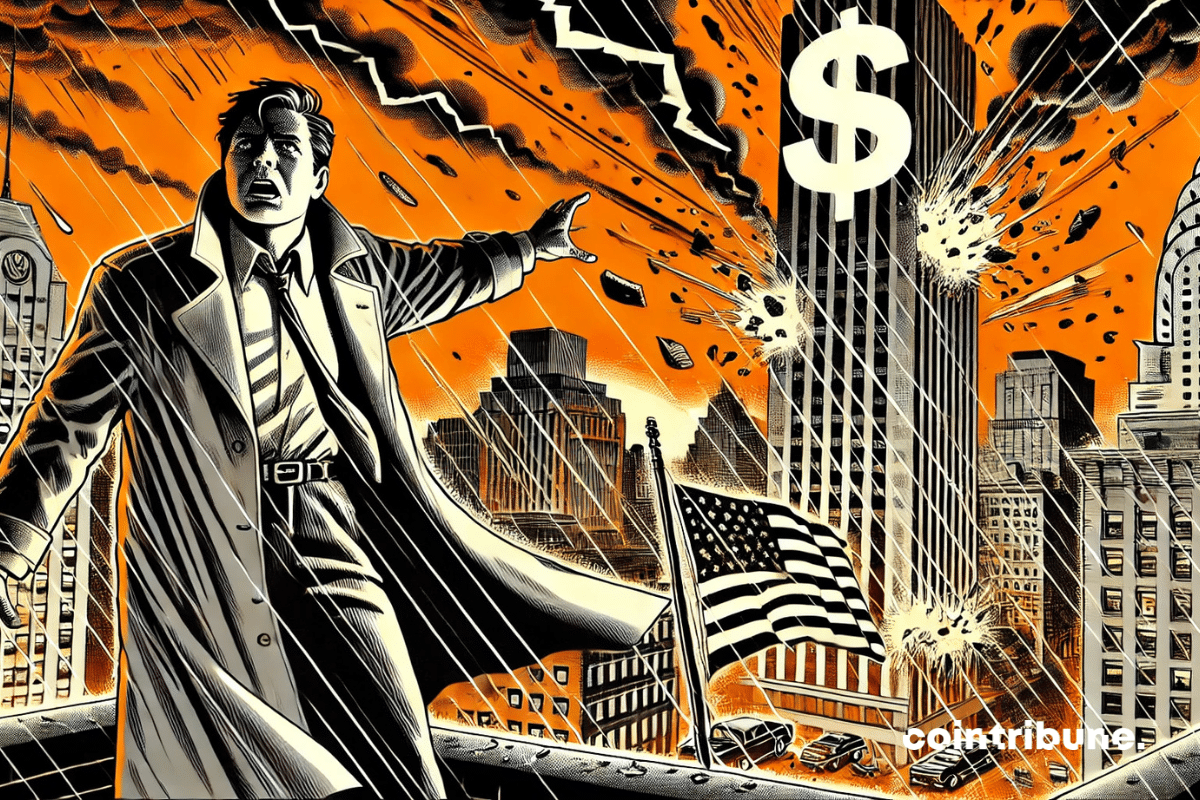 Peter Schiff as a harbinger of financial apocalypse, pointing at the collapse of a towering bank skyscraper under a stormy sky, a symbol of banking ruin.