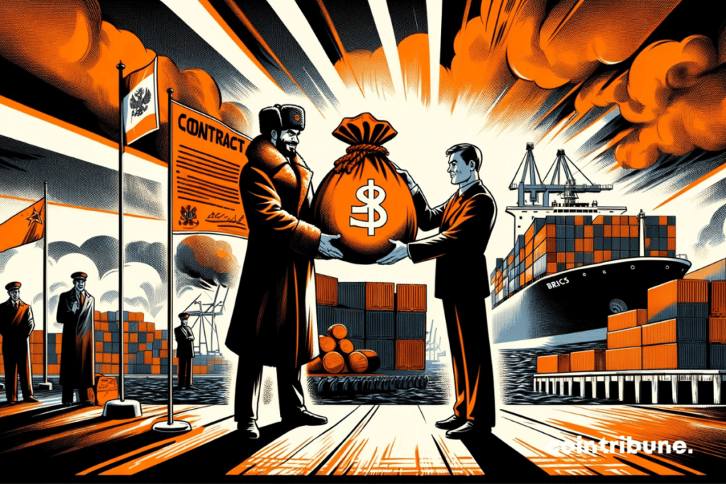 La Russie, membre des BRICS, dans son rôle de négociateur stratégique, dominant son port industriel avec assurance. L’échange en roubles est mis en lumière avec puissance et symbolisme.