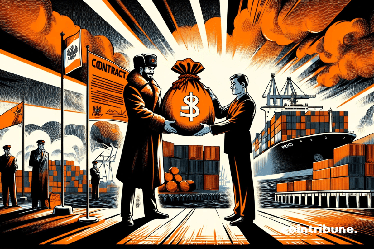 BRICS member Russia in its role as strategic negotiator, confidently dominating its industrial port. The ruble exchange is highlighted with power and symbolism.