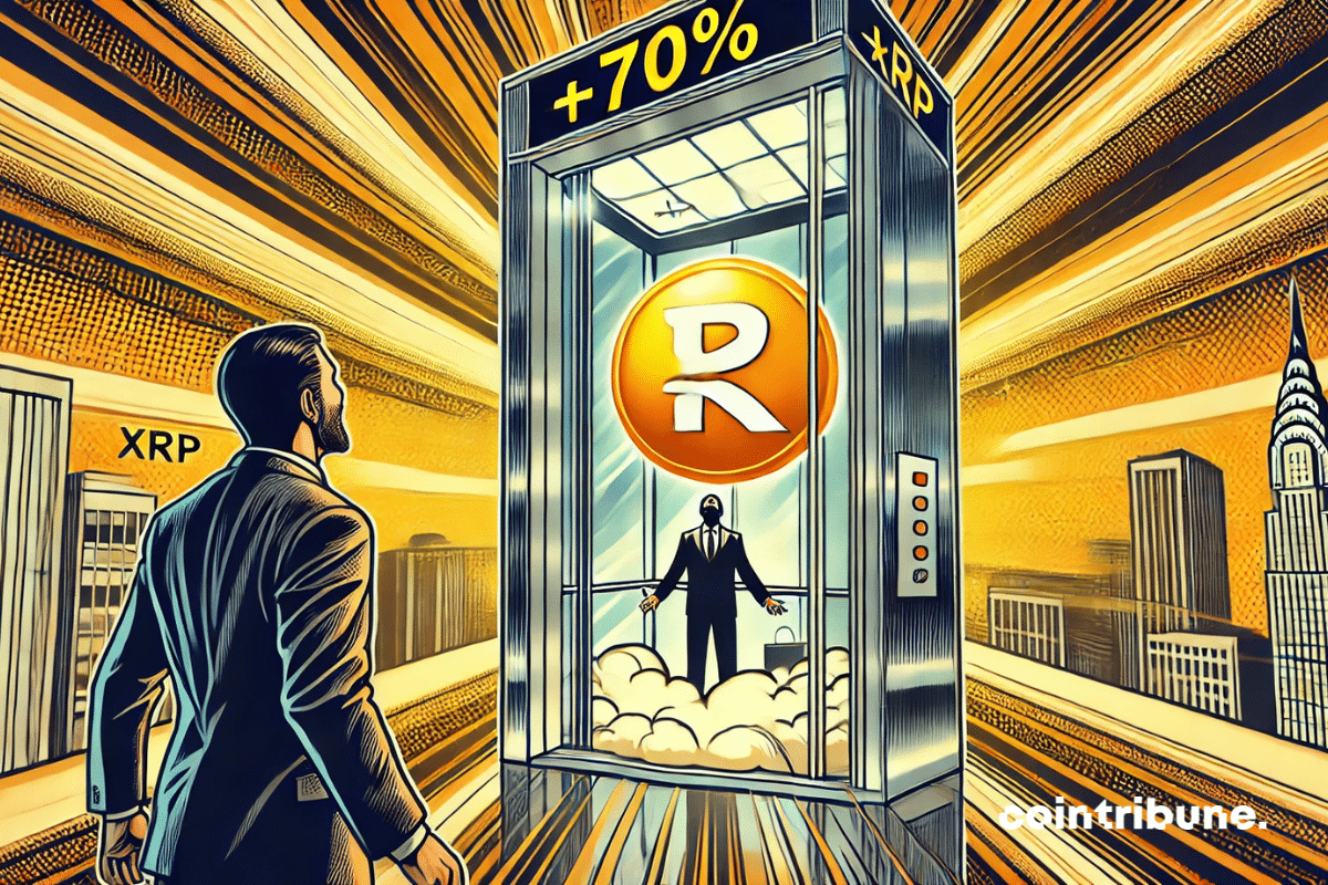 The spectacular rise of XRP in a glass elevator, with +70% clearly visible on the display, and a stunned crypto trader watching from outside.