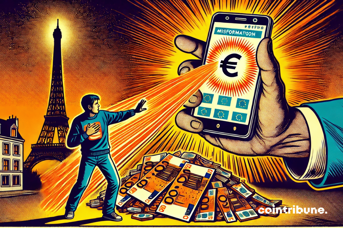 The giant smartphone projects a threatening beam at the euros, while a French citizen steps in.