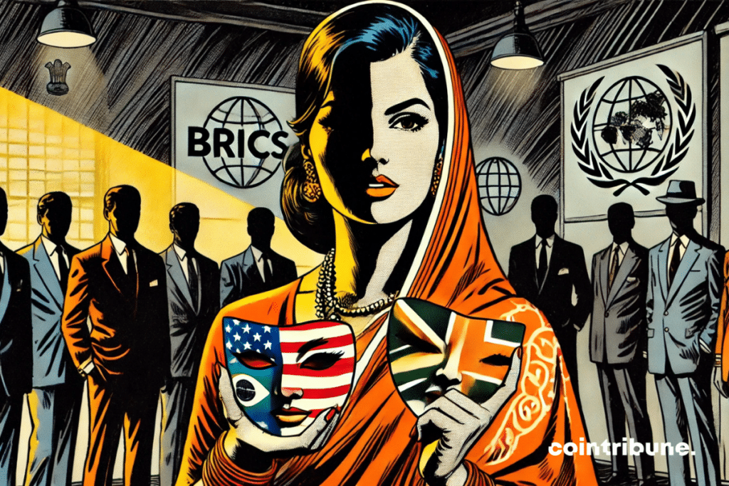 Femme symbolisant l’Inde membre de l'alliance des BRICS, vêtue d’un sari orné de motifs traditionnels stylisés, en orange et blanc. Elle incarne calme, intelligence et ambiguïté.