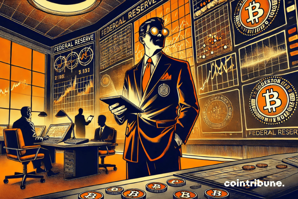 A high-tech surveillance room where the Fed closely monitors banks' crypto activity.