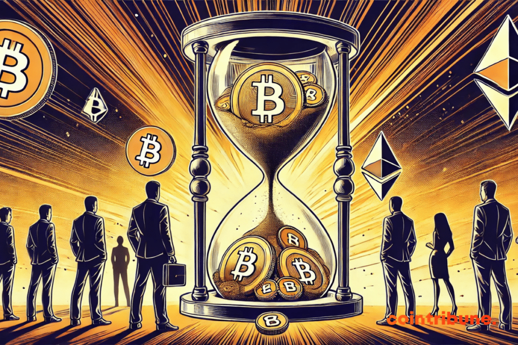 The massive hourglass filled with Bitcoin and Ethereum coins, the worried traders, and the countdown visuals perfectly capture the tension surrounding crypto options expiry.