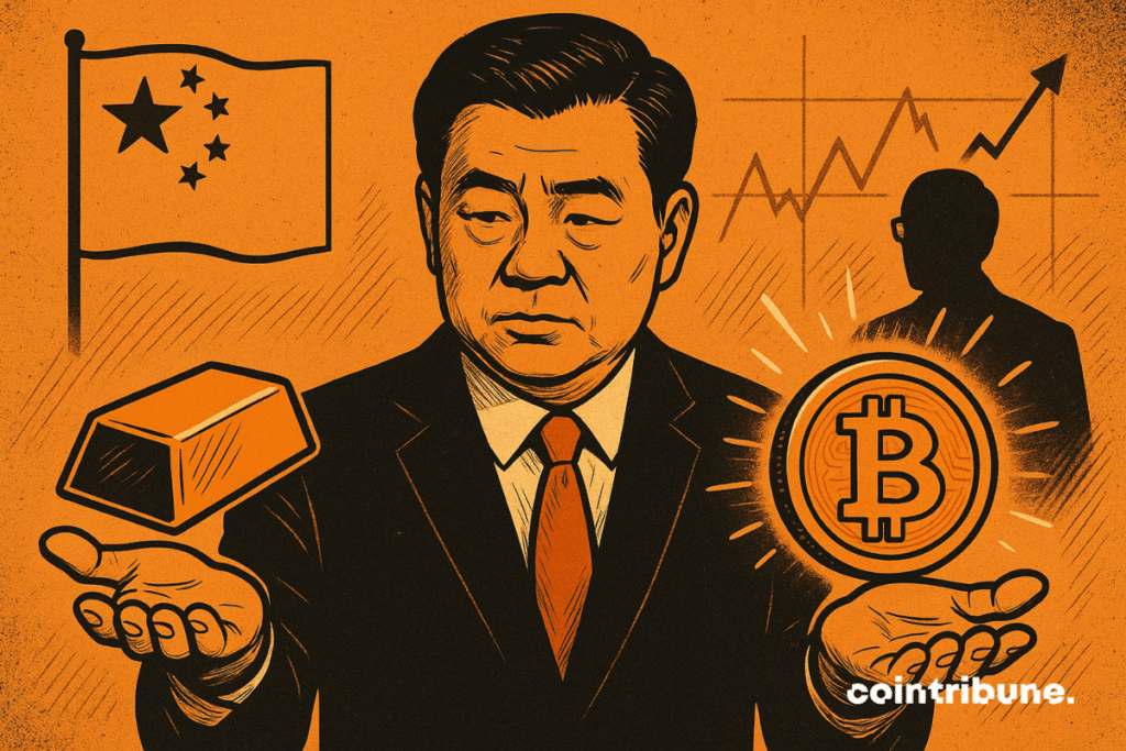 Un homme d'affaires originaire de la Chine élégant, visage sérieux, bras écartés, chaque main présente un objet : un lingot d’or (gauche), une pièce de Bitcoin brillante.