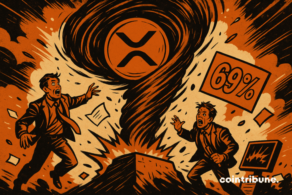 A stylized tornado with a huge XRP cryptocurrency logo at its center.