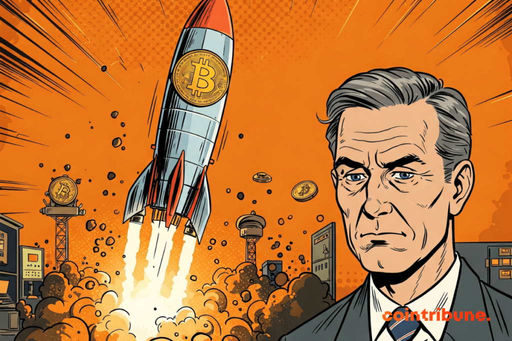 Um foguete de Bitcoin tentando decolar, mas sem sucesso.
