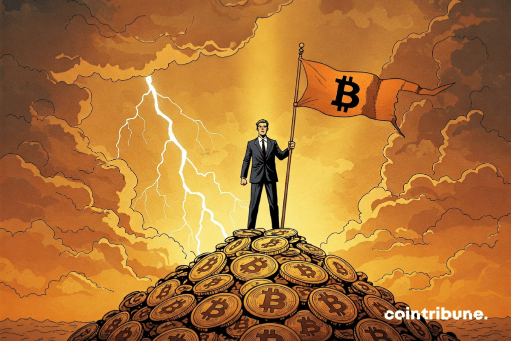 Un hombre de negocios carismático, evocando a Michael Saylor de Strategy, de pie en la cima de una montaña de monedas doradas de Bitcoin.