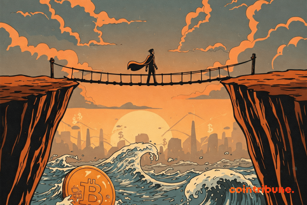 A trader standing on a bridge suspended between two cliffs, symbolizing uncertainty. Below, stylized digital waves evoke the cryptocurrency market, with subtle visual fragments of the Bitcoin logo integrated.