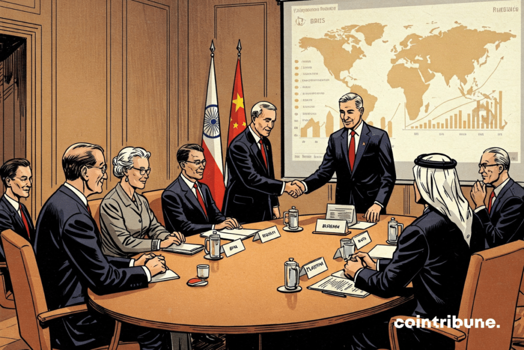 Dans une salle de réunion sobre et moderne aux tons neutres, les représentants des pays BRICS (Chine, Inde, Brésil, Afrique du Sud et Arabie saoudite) sont réunis autour d’une grande table ovale. Au centre, le diplomate russe, debout, reçoit des félicitations discrètes mais respectueuses : poignées de main, sourires, hochements de tête. Derrière eux, un écran affiche une carte du monde avec des indicateurs économiques positifs. L’ambiance est à la fois solennelle et chaleureuse, évoquant un exploit collectif porté par le succès économique de la Russie.