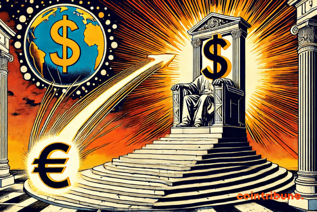 Illustration of a dollar sitting on the throne watching the euro's rise