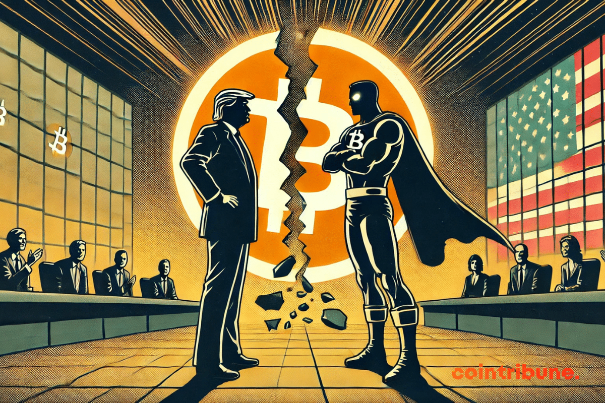 Illustration of Trump's meeting with Bukele, and broken bitcoin logo